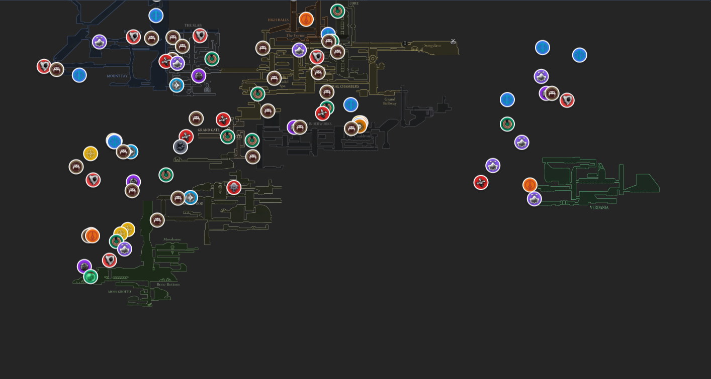 Complete Silksong Map showing all Pharloom areas, POI locations, boss fights, memory lockets, spool fragments, and collectibles in Hollow Knight Silksong interactive guide